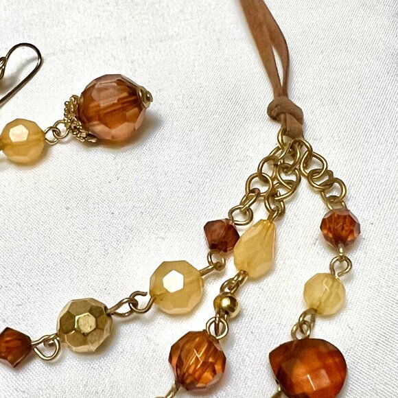 Vintage 2 Piece Necklace Earrings Amber and Gold Faux Crystal Beads, 3 Strands - Picture 4 of 5